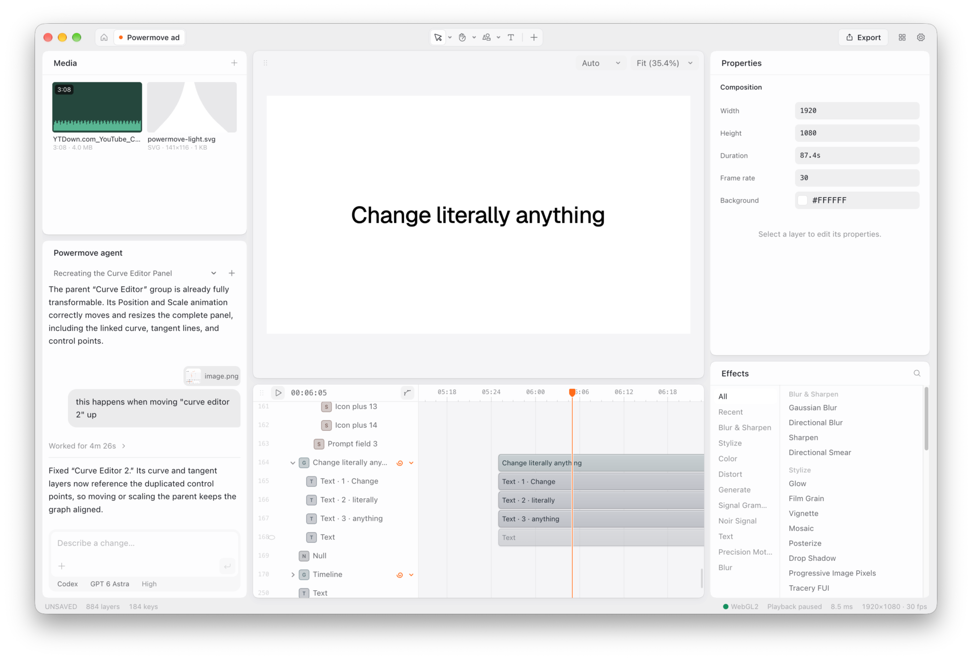 Powermove editor in a light theme, showing the Change literally anything composition, agent conversation, timeline, properties, and effects.