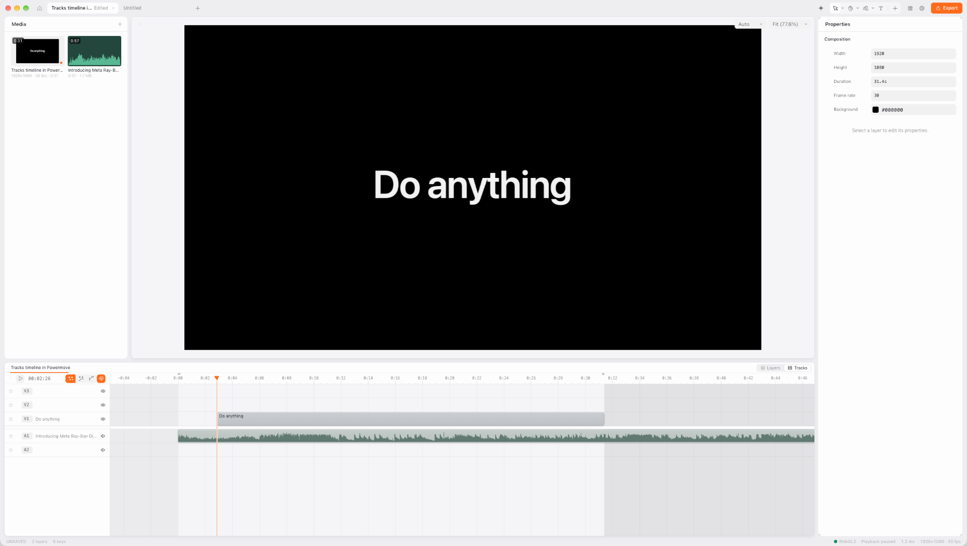 The Powermove editor: media, the agent conversation, the Change literally anything composition on the canvas, its timeline, properties, and effects.